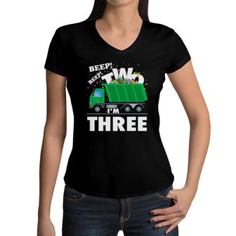 Kids I'm 3 Three 3Rd Birthday Garbage Truck Trash Bash Theme Premium Women V-Neck T-Shirt | Mazezy