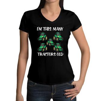Kids I'm This Many Tractors Old Boy 5Th Birthday 5 Years Old Women V-Neck T-Shirt | Mazezy