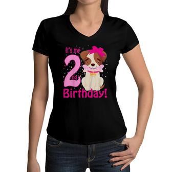 Kids It's My 2Nd Birthday Dog Lover Theme 2 Years Old Puppy Girl Women V-Neck T-Shirt | Mazezy