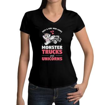 Kids Just A Girl Who Loves Monster Trucks And Unicorns Women V-Neck T-Shirt | Mazezy