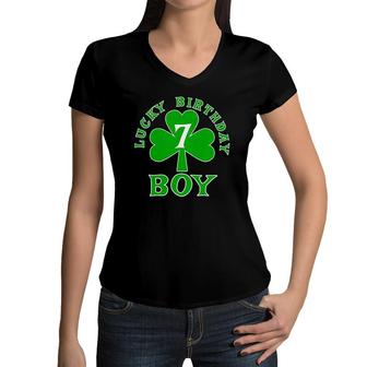 Kids Lucky Birthday Boy Age 7 St Patrick's Birthday Tee Women V-Neck T-Shirt | Mazezy