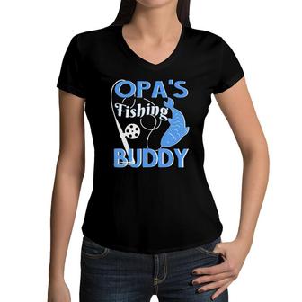 Kids Opa's Fishing Buddy Funny Women V-Neck T-Shirt | Mazezy