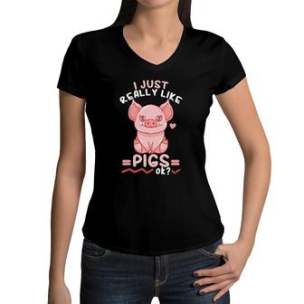 Kids Pig Farmer I Just Really Like Pigs Women V-Neck T-Shirt | Mazezy