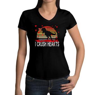 Kids Valentine's Day Dinosaur I Crush Hearts Retro Boys Teens Women V-Neck T-Shirt | Mazezy