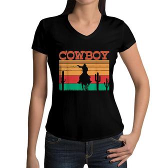 Kids Western Cowboy Rodeo Horse Retro Vintage Roping Cowboy For Men & Women Women V-Neck T-Shirt | Mazezy