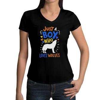 Kids Wolf Just A Boy Who Loves Wolves Gift Women V-Neck T-Shirt | Mazezy