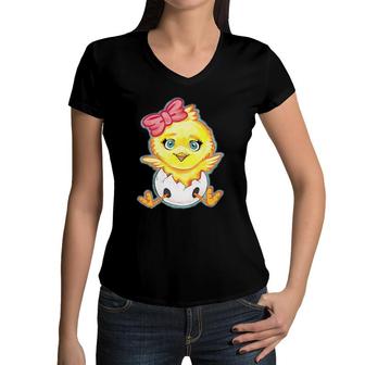 Kids Yellow Baby Chick With Pink Bow Girls Women V-Neck T-Shirt | Mazezy