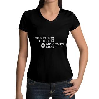 Latin Phrase Tempus Fugit Memento Mori Women V-Neck T-Shirt - Seseable
