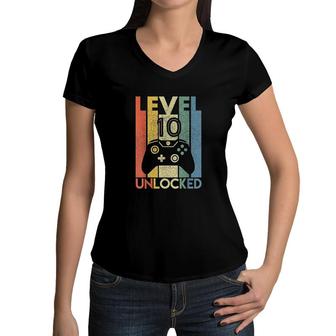 Level 10 Unlocked Funny Video Gamer 10th Birthday Gift Women V-Neck T-Shirt - Seseable