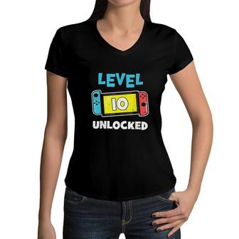 Level 10 Unlocked Gamer 10th Birthday Gift Video Game Lovers Women V-Neck T-Shirt - Seseable