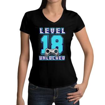 Level 18 Unlocked Video Game 18Th Birthday Gamer Boys Women V-Neck T-Shirt | Mazezy