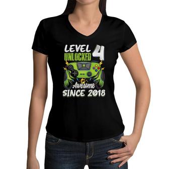 Level 4 Unlocked Awesome 2018 4Th Birthday Boy Video Games Women V-Neck T-Shirt | Mazezy