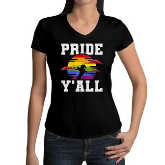 Lgbt Rainbow Gay Pride Flag Cowboy Hat Western Cowboy Women V-Neck T-Shirt | Mazezy