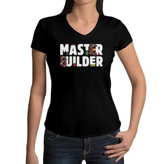 Master Builder Kids Building Blocks Bricks Toys Gift Women V-Neck T-Shirt | Mazezy