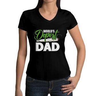 Mens Green White Worlds Dopest Dad Cannabis Marijuana Weed Funny Fathers Day Women V-Neck T-Shirt - Seseable