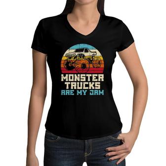 Monster Trucks Are Jam Sunset Retro Racing Men Boys Gift Women V-Neck T-Shirt | Mazezy