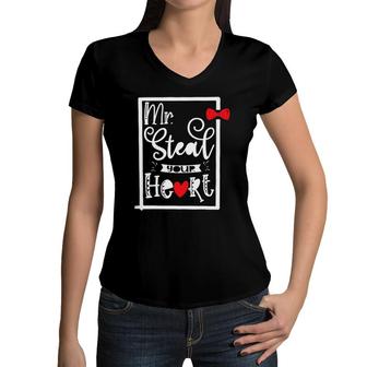 Mr Steal Your Heart, Funny Love Quote For Boys Valentines Women V-Neck T-Shirt | Mazezy
