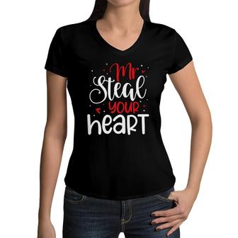 Mr Steal Your Heart Toddler Boys Valentines Day Pajamas Kids Women V-Neck T-Shirt | Mazezy