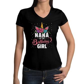 Nana Of The Birthday Girl Unicorn Girls Family Matching Women V-Neck T-Shirt | Mazezy