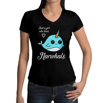 Narwhal Just A Girl Who Loves Narwhals Women V-Neck T-Shirt | Mazezy