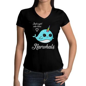 Narwhal Just A Girl Who Loves Narwhals Women V-Neck T-Shirt | Mazezy