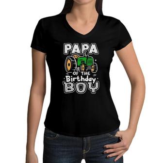 Papa Of The Birthday Boy Farmer Tractor Matching Party Women V-Neck T-Shirt | Mazezy