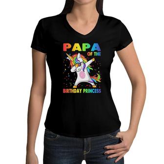Papa Of The Birthday Princess Dabbing Unicorn Girl Women V-Neck T-Shirt | Mazezy