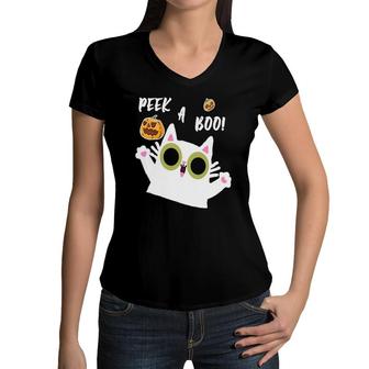 Peek A Boo Cat Funny Cute Halloween Baby Kids Video Song Women V-Neck T-Shirt | Mazezy
