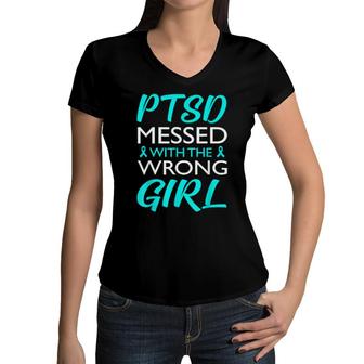 Ptsd Messed With The Wrong Girl Awareness Ribbon Women V-Neck T-Shirt | Mazezy