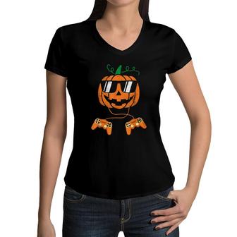 Pumpkin Gaming Controller Halloween For Boys Kids Women V-Neck T-Shirt | Mazezy