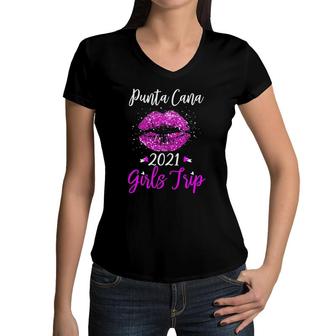 Punta Cana Girls Trip 2021 Vacation Gift Pink Lips Women V-Neck T-Shirt | Mazezy