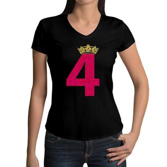 Queen Crown Birthday Girls 4Th Party 4 Years Old Women V-Neck T-Shirt | Mazezy