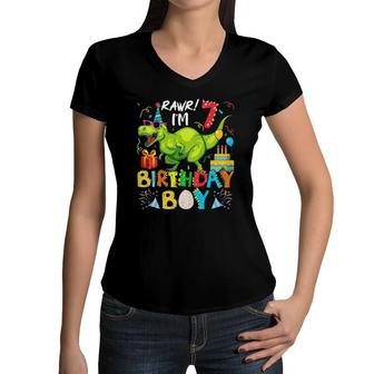 Rawr I'm 7Th Birthday Boy Dinosaurrex 7 Years Old Women V-Neck T-Shirt | Mazezy