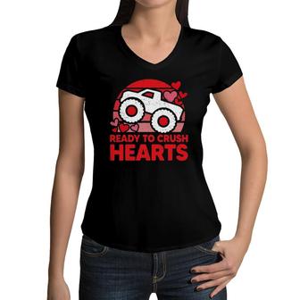 Ready To Crush Hearts Monster Truck Toddler Boys Valentines Women V-Neck T-Shirt | Mazezy