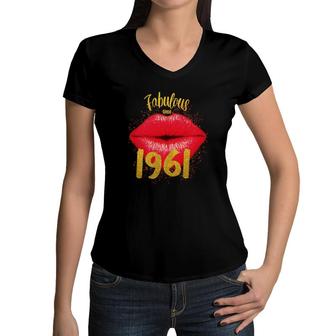 Red Lips Fabulous Since 1961 Gift For 61Th Birthday Women V-Neck T-Shirt - Seseable