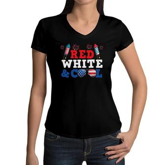 Red White And Cool Patriotic Boys 4Th Of July Funny Women V-Neck T-Shirt | Mazezy