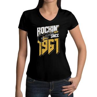Rockin Since 1961 Vintage Rock Music Fan 61Th Birthday Women V-Neck T-Shirt - Seseable