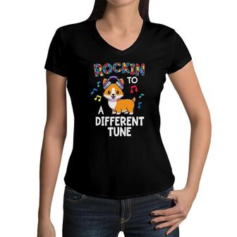 Rockin' To A Different Tune Corgi Autism Awareness Dog Kids Women V-Neck T-Shirt | Mazezy