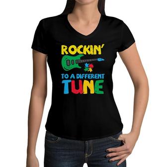 Rockin' To Different Tune Guitar Autism Awareness Music Kids Women V-Neck T-Shirt | Mazezy