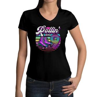 Rollin' Into 9 Roller Skating Rink 9Th Birthday Party Girls Women V-Neck T-Shirt | Mazezy