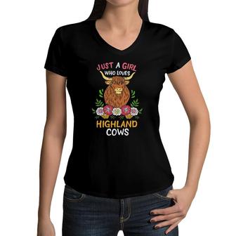 Scottish Highland Cow Just A Girl Who Loves Highland Cows Women V-Neck T-Shirt | Mazezy