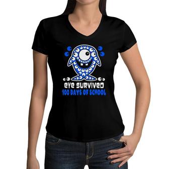 Shark Eye Survived 100 Day Of School Gift Kids & Teachers Women V-Neck T-Shirt | Mazezy