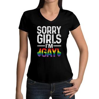 Sorry Girls I'm Gay Rainbow Flag Funny Lgbt Pride Gift Women V-Neck T-Shirt | Mazezy