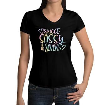 Sweet Sassy And Seven Girl's Birthday Tie Dye Tee Girls Kids Women V-Neck T-Shirt | Mazezy