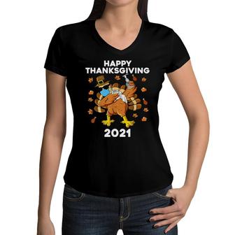 Thanksgiving Day Dabbing Turkey Pilgrim Boys 2021 Women V-Neck T-Shirt | Mazezy