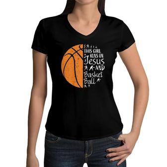This Girl Runs On Jesus And Basketball S Gifts Girls Women V-Neck T-Shirt | Mazezy