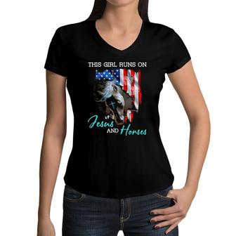 This Girl Runs On Jesus And Horses American Flag Women V-Neck T-Shirt | Mazezy