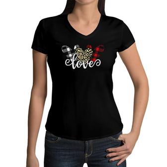 Three Hearts Leopard Buffalo Plaid Valentine's Day Girl Boy Women V-Neck T-Shirt | Mazezy