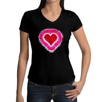 Toddler Kids Adults Red & Pink Heart Tie Dye Valentine's Day Women V-Neck T-Shirt | Mazezy