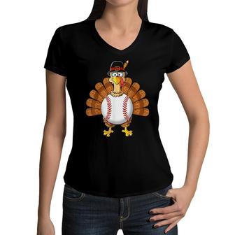 Turkey Baseball Thanksgiving Thankful Boys Women V-Neck T-Shirt | Mazezy